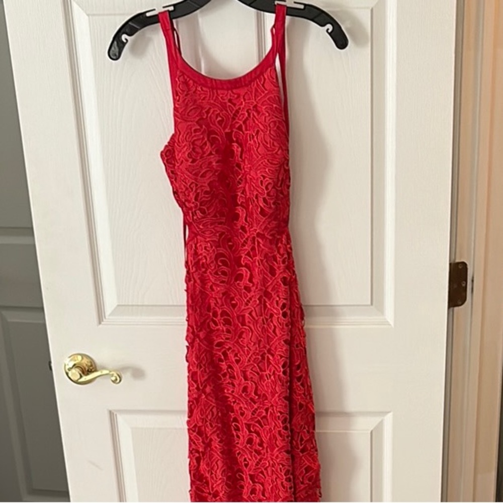 Aidan Mattox Vibrant Red Lace Maxi Dress